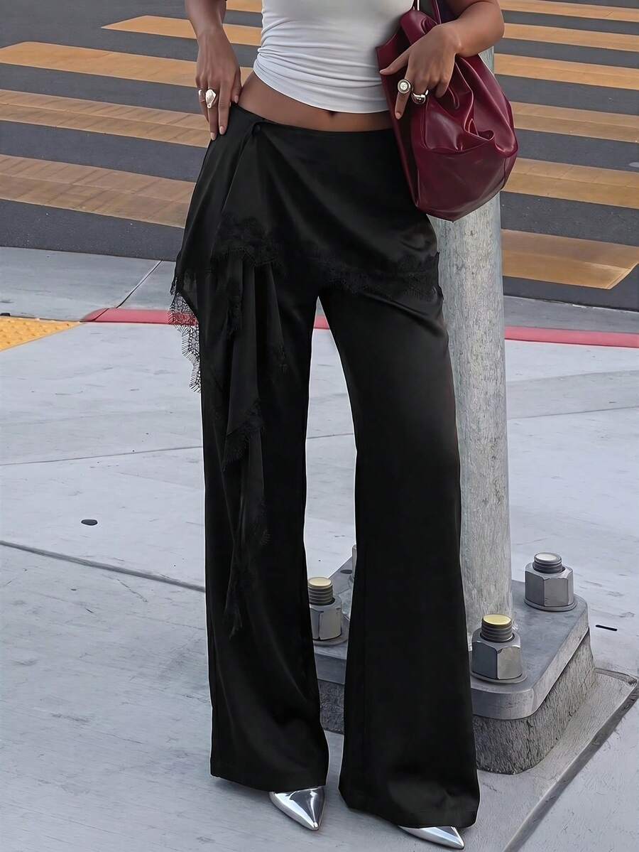 Firerie 女款夏季優雅休閒通勤時尚新款音樂節街頭風百搭低腰蕾絲拼接2合1緞面棕色寬腿長褲 - 黑色 - 查看 1