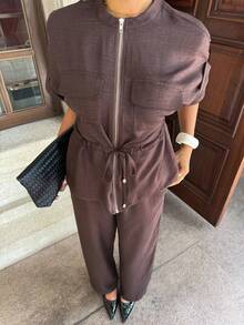 Siren Gaze Women's Linen-Blend Two-Piece Set | Short-Sleeve Utility Top & Drawstring Wide-Leg Trousers – Loose, Casual Work-To-Weekend Set - Brown - View 4
