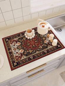 1pc Vintage Floral & Geometric Pattern Absorbent Drying Mat, Suitable For Dining Table, Coffee Machine, Multi-Purpose Drainage Pad, Home Gift, Desktop Decor - XYLSD-96 - View 9