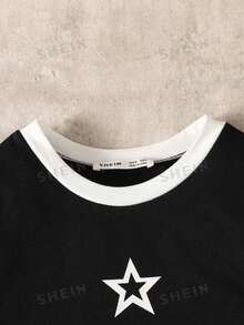 SHEIN Tween Girls' Black & White Patchwork Contrast Color Five-Pointed Star Print Knit Snug Fit Casual Dress - Black - View 5