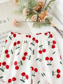 LMoss Kids Red Flutter Sleeve Tank Top Set, Suitable For Toddlers In Spring, Summer And Autumn, Large Bow Design On The Back Of The Top Cherry Print Holiday Vibe - Red and White - View 4