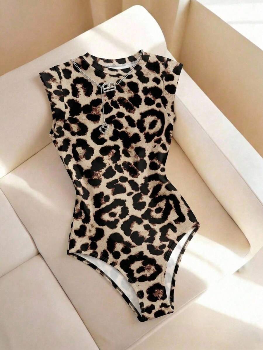 SHEIN LUNE Áo liền thân nữ kiểu dáng tối giản họa tiết da báo, thích hợp mặc đi biển mùa xuân và hè, cũng thích hợp để đi chơi, mặc thường ngày. - Nhiều màu - Xem 1