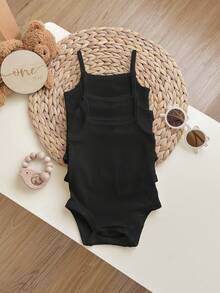 SHEIN Babygirl Casual Minimalist Knit Solid Color Camisole Snap-Bottom Camisole 3pcs Set - Black - View 4