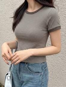 DAZY Women's Summer Casual Striped Short Sleeve Fitted T-Shirt - Coffee Brown - View 8