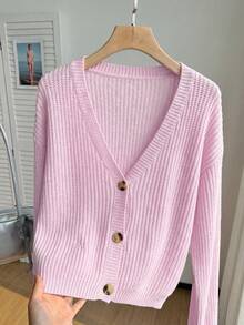 SHEIN EZwear 大尺碼女款秋冬休閒度假通勤簡約純色V領落肩寬鬆短版開襟衫 - 淺粉色 - 查看 7