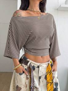Coolane 女款四季街頭風時尚休閒節慶舒適黑色寬鬆不對稱領短版T恤 - 棕色 - 查看 2