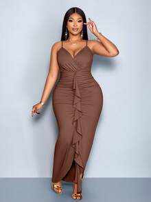SOLERSUN Plus Size Beige Summer Elegant Maxi Dress, Ruffle Edge Sleeveless Strap Wedding Party Prom - Brown - View 4