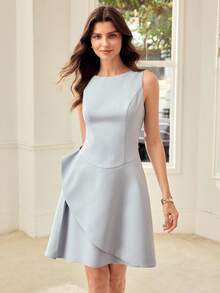 MOTF PREMIUM ASYMMETRICAL CUT FASHIONABLE WAIST-DEFINING SLIMMING COMMUTER VERSATILE ELEGANT A-LINE WOMEN'S DRESS - Baby Blue - View 4