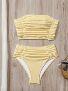 Swim Vcay Women's Solid Color Bandeau Bikini Set With Side Ruched Details, Beach Summer Outfit - Pale Yellow - View 2