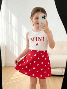 Genkimix Kids Young Girls White Knit Ribbed Letter Print Crew Neck Sleeveless Pullover Top + Denim Blue Heart Print Skort Set, 2 Pieces, Suitable For Outings, Spring/Summer Style For 4-7 Year Old Girls, Party And Gathering - Red - View 9