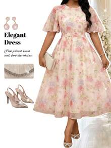 Fleurora Vestido casual de manga corta con cuello redondo y estampado floral para mujer talla grande, atuendo de verano para festival, elegante para invitada de boda y noche, rosa floral - Multicolor - Ver 5