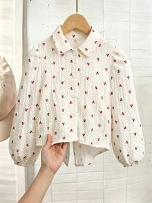 SHEIN Young Girl Textured Cherry Print Single-Breasted Fashion Shirt - Apricot - View 5