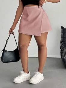 SHEIN PETITE CURVE Plus Size Women's Solid Color Asymmetric Hem Fashion Skirt - Pink - View 4