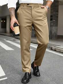 Manfinity Mode Pantalones de traje casuales versátiles de unicolor para hombres de talla grande para ir al trabajo - Caqui - Ver 1