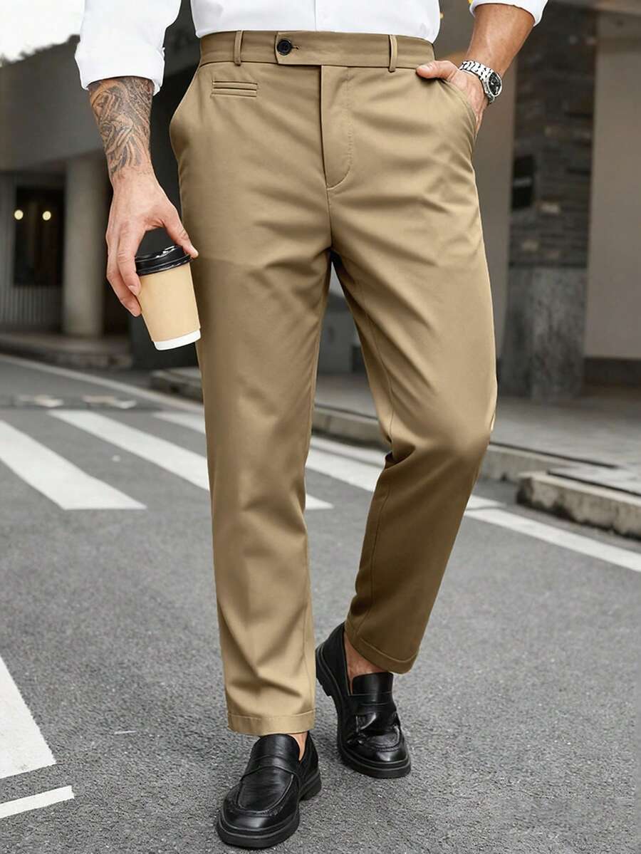 Manfinity Mode Pantalones de traje casuales versátiles de unicolor para hombres de talla grande para ir al trabajo - Caqui - Ver 1