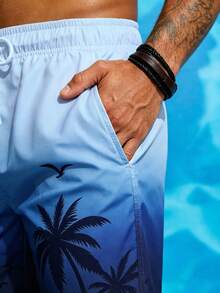 Manfinity KASUA Pantalones cortos de playa con estampado degradado de árbol de coco para hombres, vacaciones - azul real - Ver 6