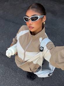 Muchica Chaqueta ligera de nailon de color block para exteriores - Caqui - Ver 7