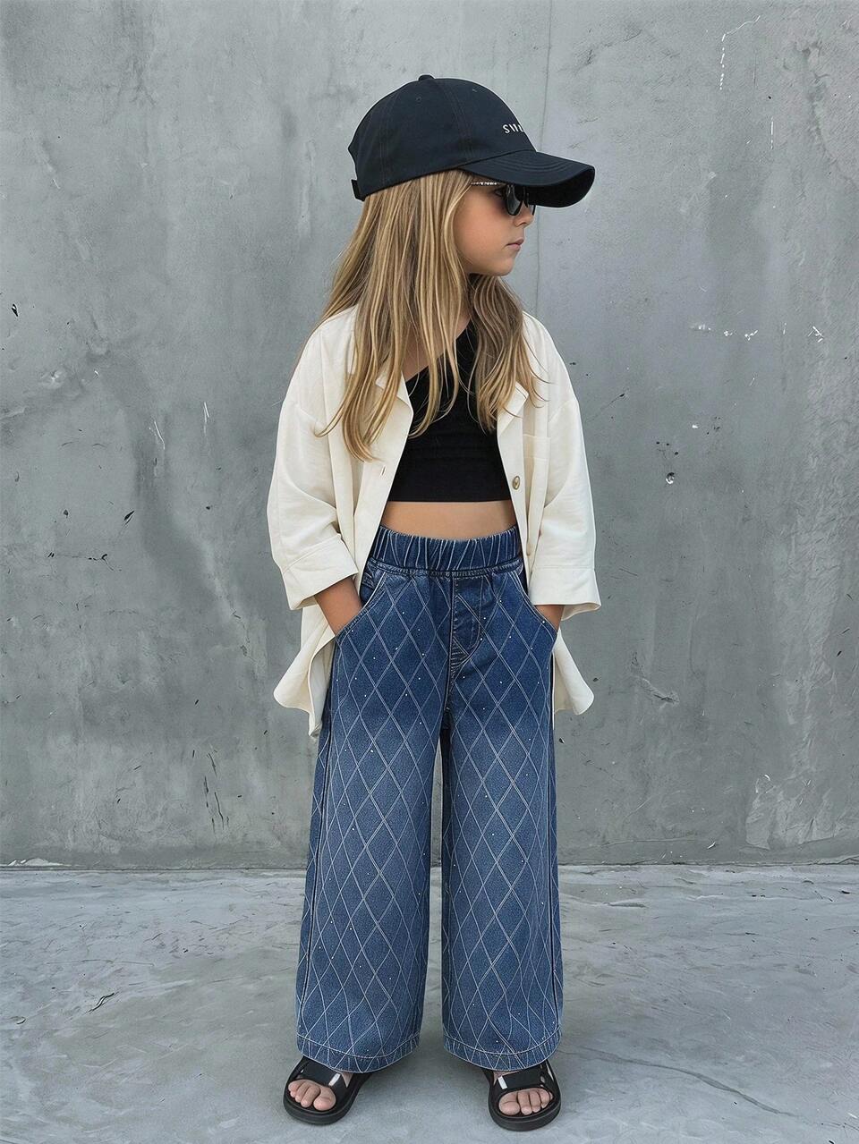 Young Girl Rhinestone Design Washed Textured Pocket Denim Jeans