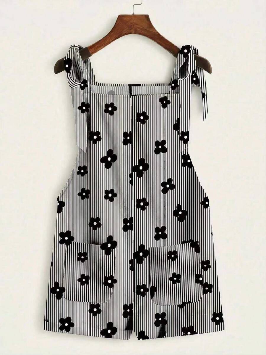 SHEIN EZwear 可愛夏季休閒黑白條紋花卉連身褲,打結肩帶口袋拼接連身短褲,適合野餐度假、派對、Y2K時尚外出 - 彩色 - 查看 1