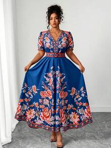 Elenzga 大码女式时尚百搭泰国马尔代夫度假海滩波西米亚印花系腰 V 领盖袖连衣裙，春夏 - 彩色 - 查看 5