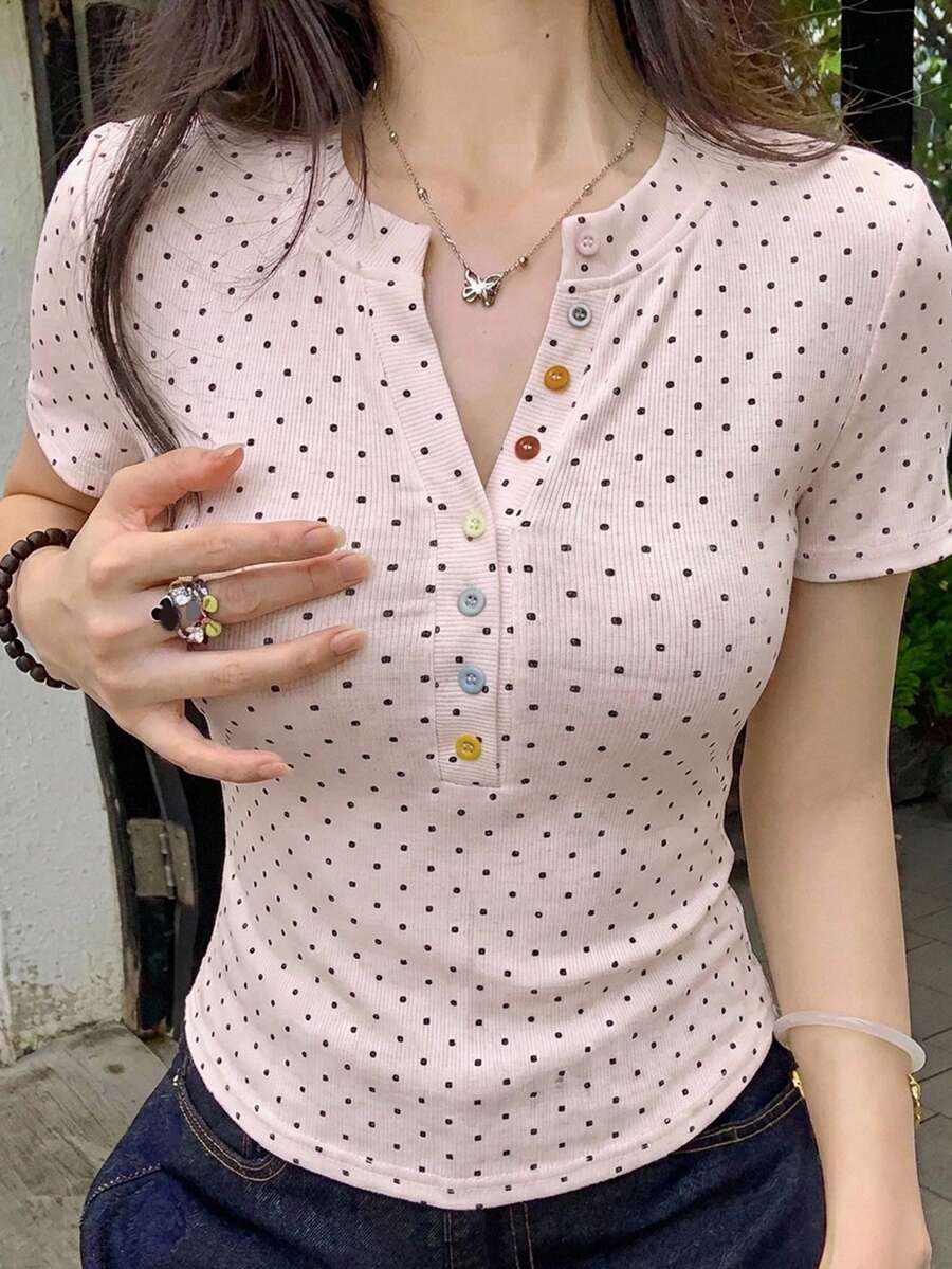 DAZY Summer  Polka Dot All-Over Print Pink Polka Dot Top With Button Decor Casual  Streetwear Sports  Slim Fit Short Sleeve Women's T-Shirt Dates - Baby Pink - View 1