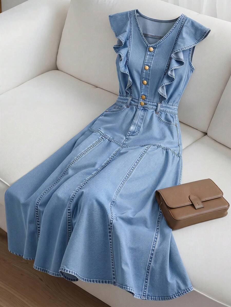 GlowEve Women's Summer Casual Ruffle Denim Dress - Blue - View 1