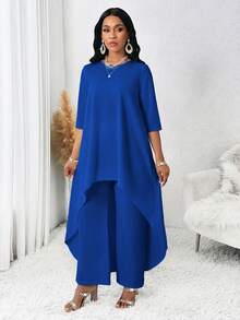 SHEIN Lady 四季秋季女裝套裝 白色長袖不對稱兩件式女套裝 秋季女套裝 女式套裝 女裝套裝 - 寶藍色 - 查看 5