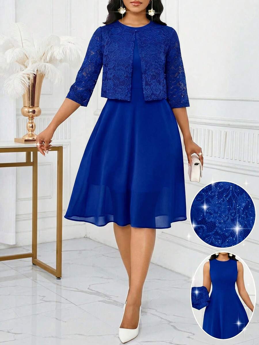 SHEIN Lady Women's Elegant Lace Sleeveless Top Dress 2 Pieces Set Summer Birthday Cocktail Bar Party After PartyEvent Office Wedding Blue Floral Navy Blue - Royal Blue - View 1