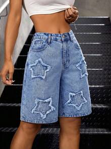 SHEIN Moda para adolescentes, diseño versátil de mezcla y combinación de ropa de calle para el regreso a casa, estilo Y2K vintage, pantalones vaqueros rectos holgados con bolsillos, parches de estrellas, colorblock, desgastado y deshilachado, shorts de mezclilla, para brunch de verano, graduación, vacaciones en la playa, regreso a casa, ropa de calle, concierto de música country/rave para niños, uso diario y festival de rave de primavera a verano para niños - Azul lavado medio - Ver 4