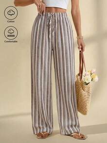 SHEIN Tall 女款休閒條紋直筒長褲，適合度假穿著 - 彩色 - 查看 4