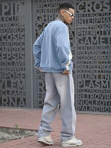Devon Thys Men's Loose Knit Long Sleeve Pullover Sweatshirt, For Fall Winter - Baby Blue - View 2
