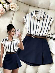 SHEIN LUNE Women Navy And White Striped Shirt And A-Line Skort Two Pieces Set,Short Sleeve Button Down Top Solid Skort,Summer,Smart Casual,Elegant,Vacation - Blue and White - View 6