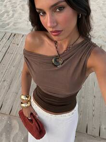 Firerie Women's Summer Elegant Sexy Romantic Fashion Commuter Asymmetric Neck Slim Fit Shades Of Brown T-Shirt Top, Solid Color Ruched Mesh Top, Going Out - Coffee Brown - View 10