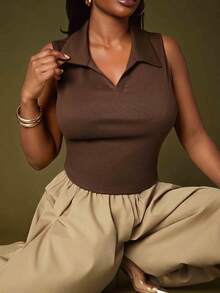 Radiana Plus Size Women's Basic Sleeveless Collared Sleeveless V-Neck Casual Top,Suitable For Leisure,Daily Wear,Versatile,Cleavage Top - Brown - View 7