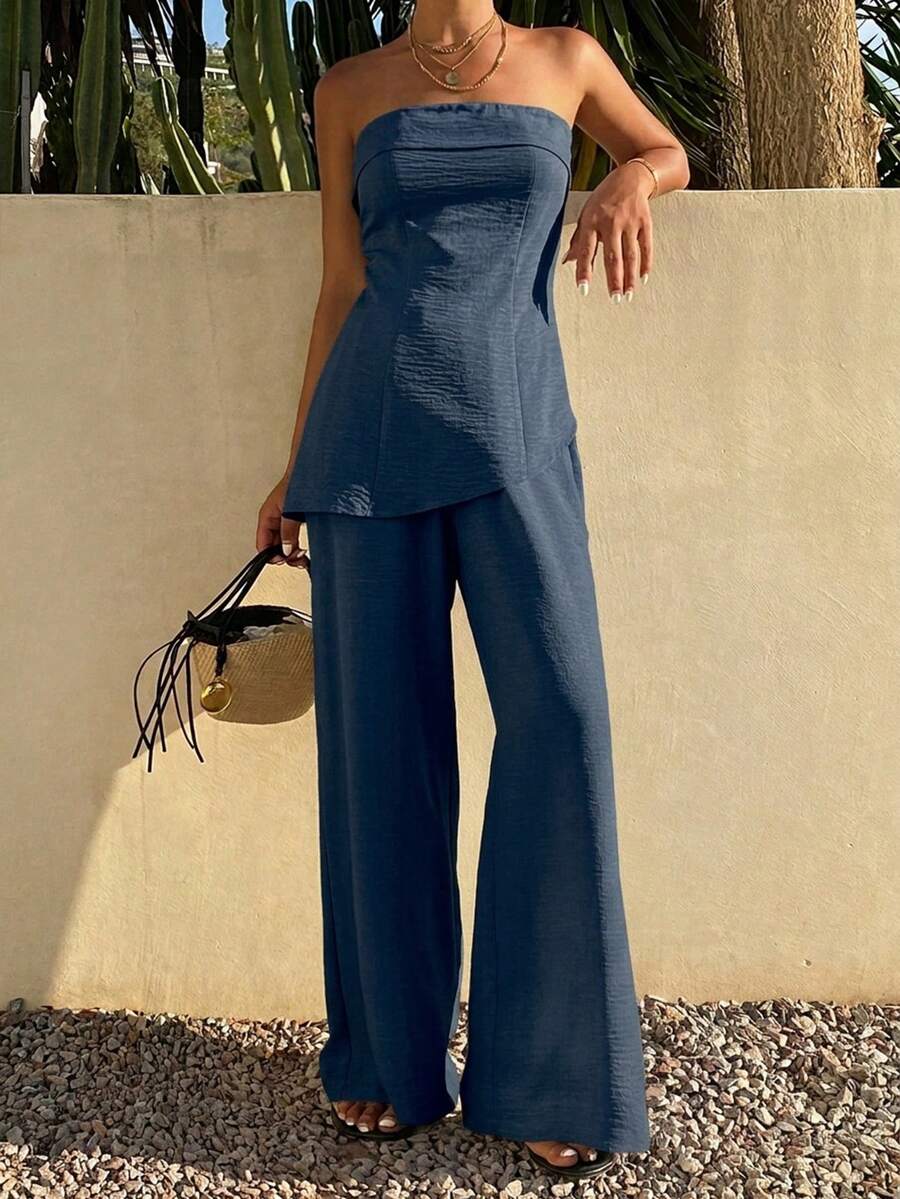 Livesso Summer Holiday Outfit Blue Bandeau Solid Color Waist-Defining Top Loose Long Pants Women 2 Pieces Set - Navy Blue - View 1