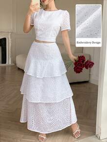Modelyn Spring/Summer Hollow Embroidery Short Sleeve Round Neck Cropped Top Layered Cake Long Skirt 2 Pieces Set Vacation White Elegant - White - View 2