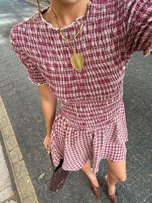 Siren Gaze Cottagecore Cute 70s Plaid Short-Sleeve Dress High-Waisted Pleated Bodice Ruffled Cuffs Puffed A-Line Mini Summer Vacation White Brunch - Red - View 1