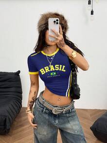 Coolane Women's Summer Streetwear Style Cool Basketball Jersey Design Letter Print White Top For Brazil Tops For Women Short Sleeve Top - Royal Blue - View 3