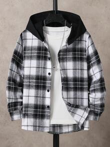 SHEIN Casuvi Kids Tween Boys Plaid Long Sleeve Hooded Shirt - Black - View 1