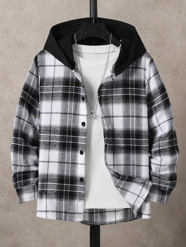SHEIN Casuvi Kids Tween Boys Plaid Long Sleeve Hooded Shirt