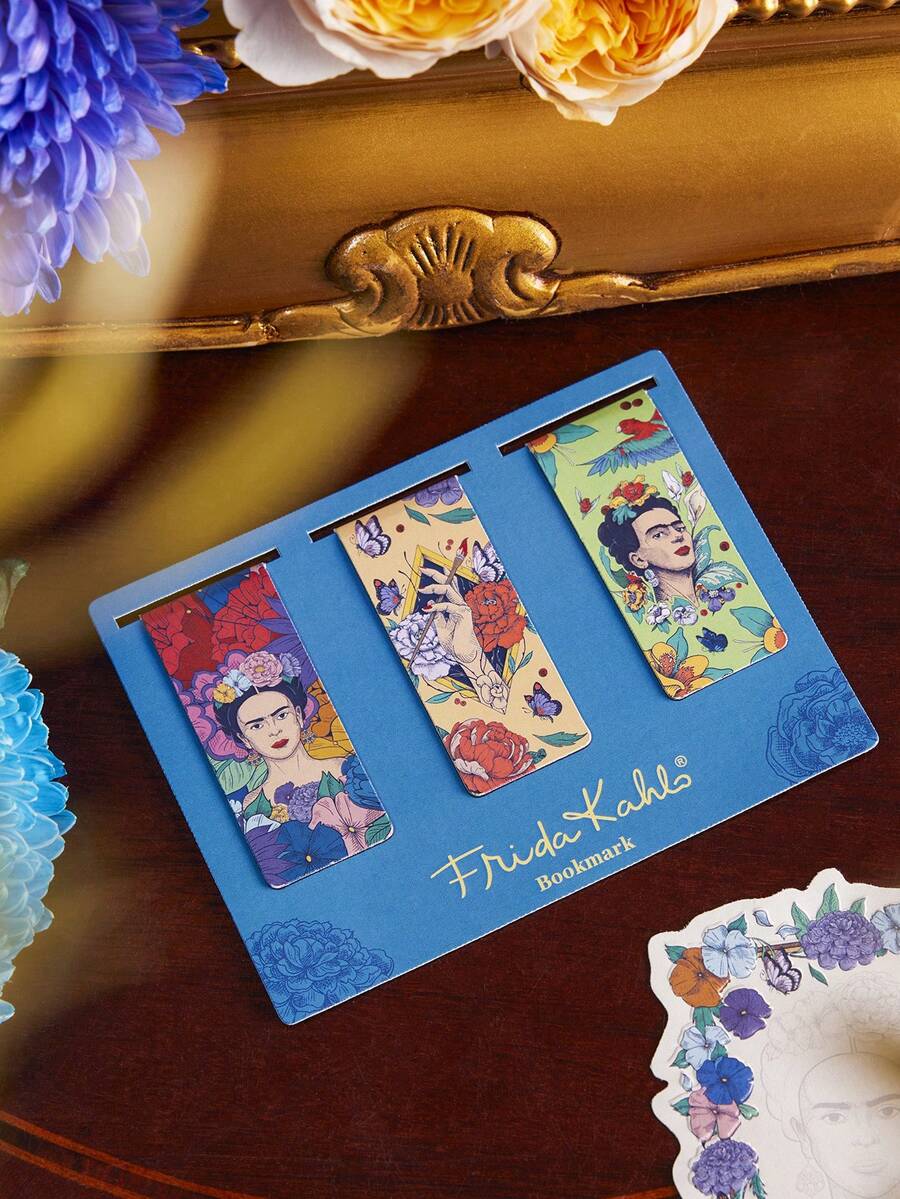 Frida Kahlo X SHEIN 3Pcs Cute Magnetic Bookmarks, Strong Grip, Page-Friendly, Perfect For Students, Office & Reading - Rectangle - View 1