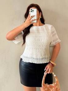 Auralis 深V領百褶短袖小飛肩修身女款T恤，時尚通勤風收腰褶皺收腰顯瘦不對稱下擺喇叭袖V領大尺碼女上衣，夏季服飾，優雅百褶休閒女上衣/優雅通勤辦公穿著魅惑風高端派對穿著T恤/多色上衣/柔軟舒適面料/中等彈性 - 杏色 - 查看 4