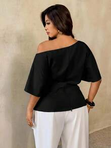 Auralis Plus Size Spring/Summer New Versatile Minimalist Commuter Asymmetric Batwing Sleeve Ruched Waist Fitted Pullover Blouse - Black - View 2