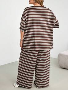 SHEIN CURVE+ Plus Size Women's Striped Short Sleeve Top And Wide Leg Pants Casual 2 Pieces Set - Multicolor - View 2