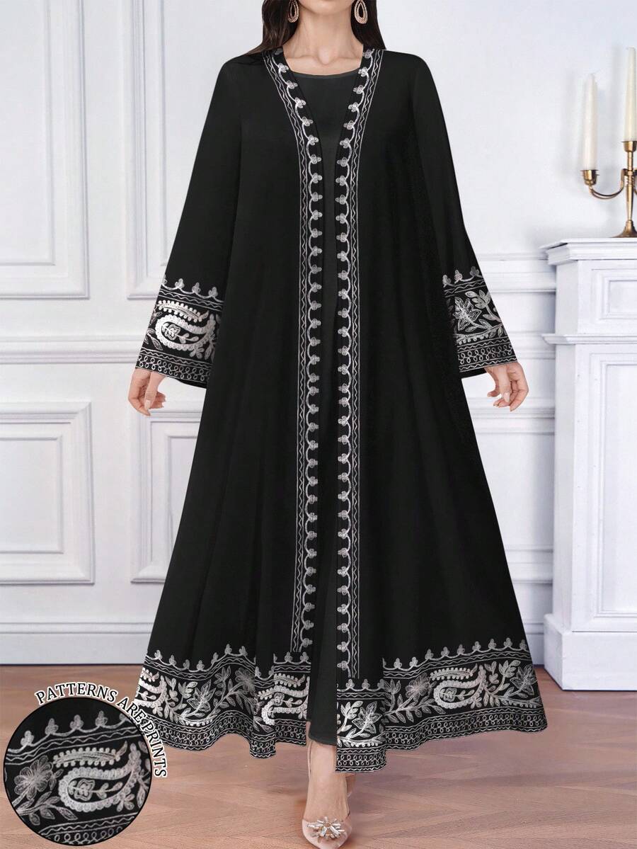 SHEIN Najma 女士佩斯利印花 V 领长袖优雅阿拉伯风格长裙,春夏 - 彩色 - 查看 1