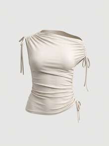 SHEIN MOD Plus Size White Lace-Up Design Top, Simple Versatile, Asymmetric Design, Commute Daily Wear, Minimalist Business Casual, All-Season Style, Vacation - Khaki - View 3