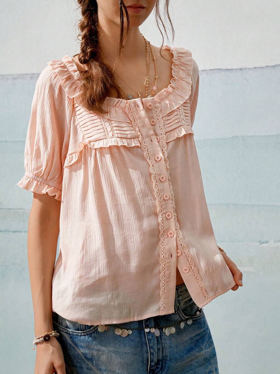 SoleilVie Women's Sweet Fashion Lace Patchwork Single-Breasted Vacation Shirt - Baby Pink - View 1