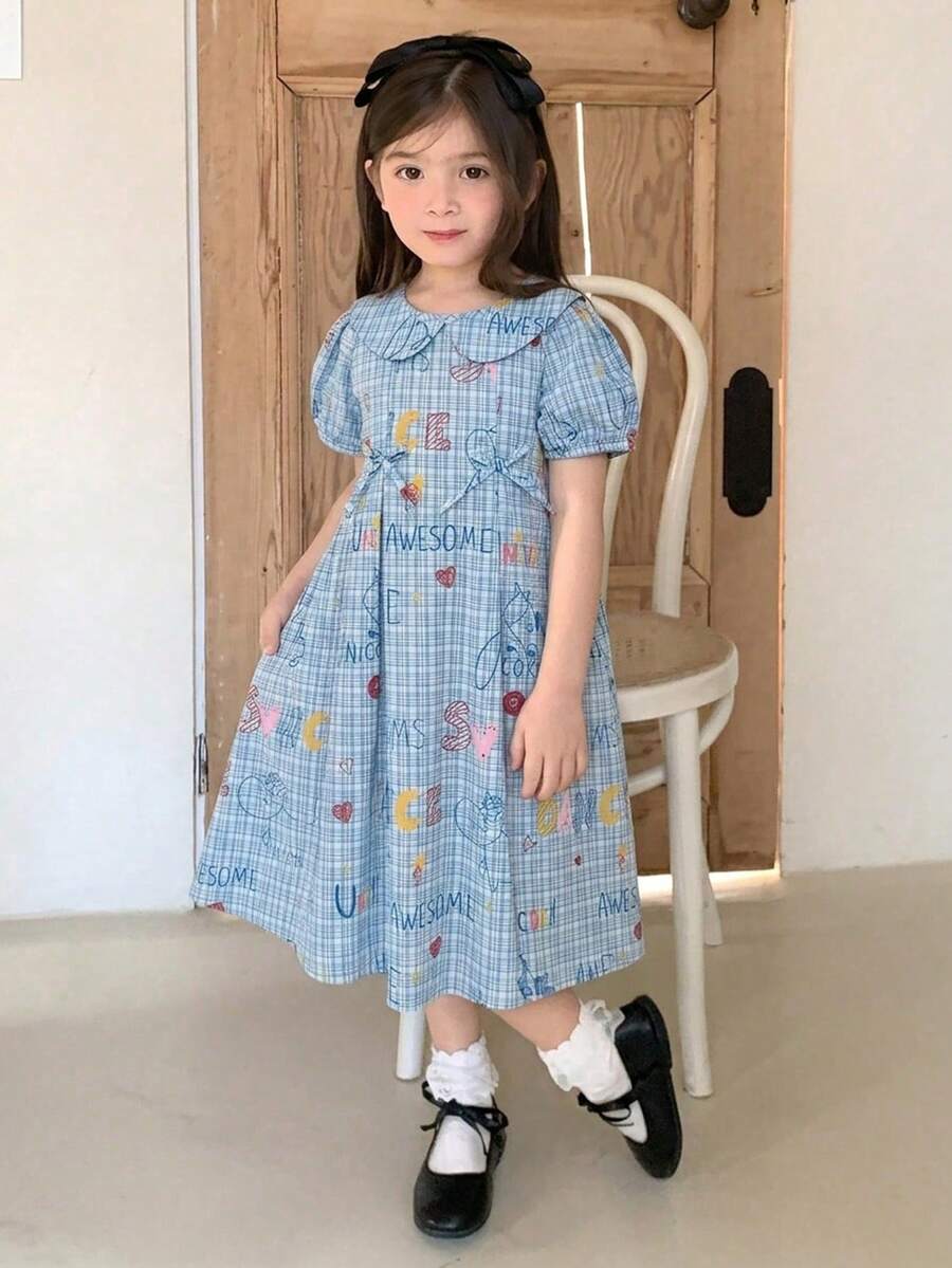 Dazy Kids 女童格紋彼得潘領短袖泡泡袖可愛夏季洋裝 - 藍色 - 查看 1