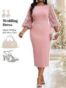 Fleurora Elegant Curve Pink Autumn Wedding Ninang Sequin Bodycon Dress,Women's Plus Size Scoop Neck Bishop Sleeve Knitted Midi Dresses For Cocktail Party - Dusty Pink - View 1