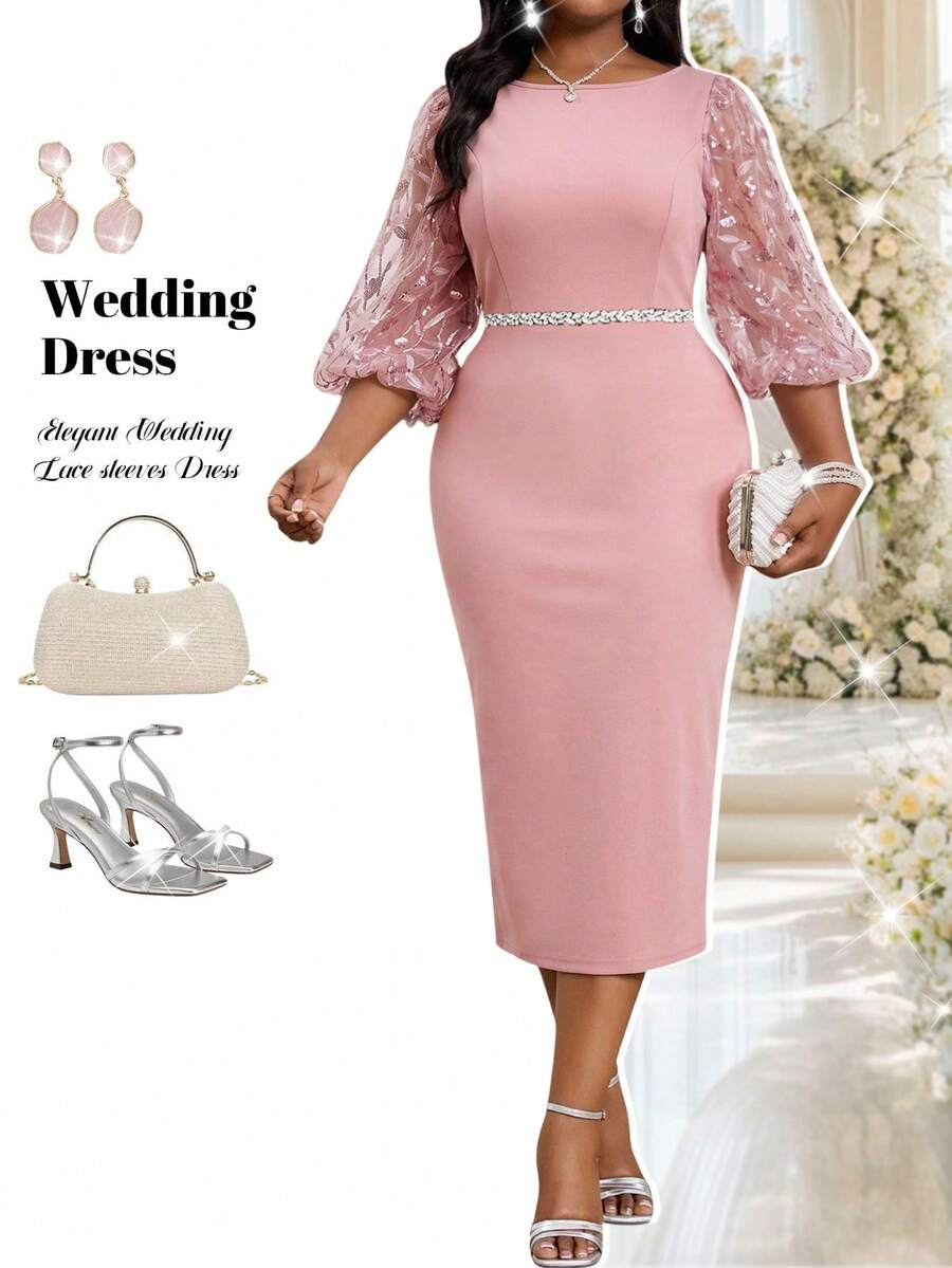 Fleurora Elegant Curve Pink Autumn Wedding Ninang Sequin Bodycon Dress,Women's Plus Size Scoop Neck Bishop Sleeve Knitted Midi Dresses For Cocktail Party - Dusty Pink - View 1